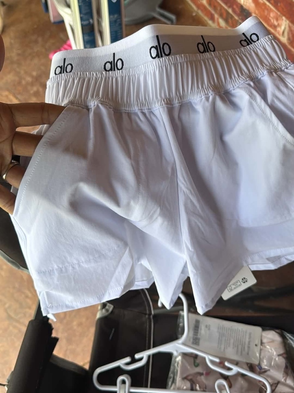 ALO Yoga White Athletic Women's Shorts with Elastic Logo Waistband - Picture 2 of 2